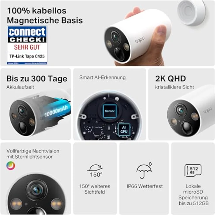 Tapo C425 Außenkamera Akku, 2-Pack | 2K Auflösung, WLAN, 10000-mAh-Akku, 150° FOV, Solarpanel Unterstützung, Alexa-kompatibel – Bild 2