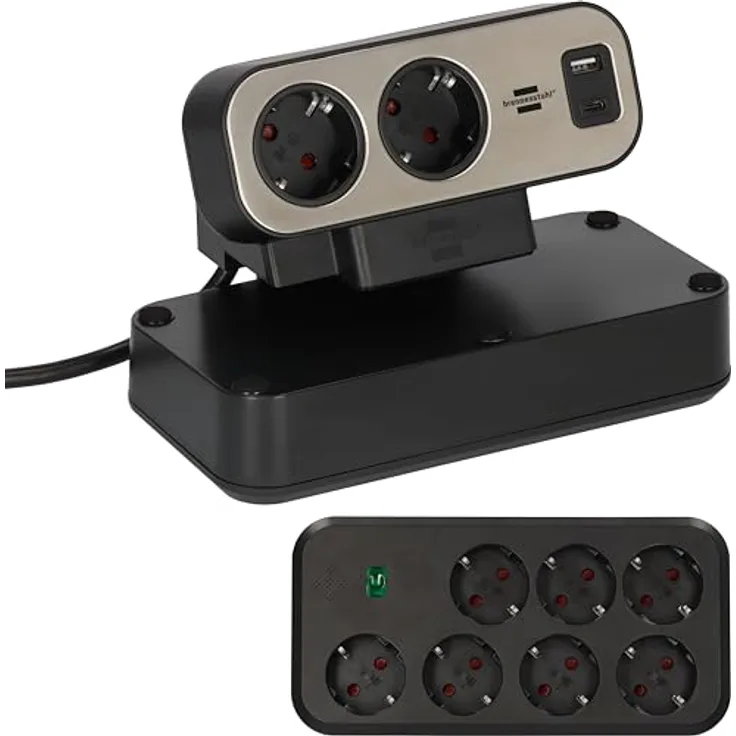 Brennenstuhl estilo Duplex Tischsteckdosenleiste mit Schalter und Überspannungsschutz (USB C Power Delivery, 9x Schutzkontakt-Steckdosen, 2m) silber/schwarz