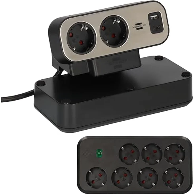 Brennenstuhl estilo Duplex Tischsteckdosenleiste mit Schalter und Überspannungsschutz (USB C Power Delivery, 9x Schutzkontakt-Steckdosen, 2m) silber/schwarz – Bild 1