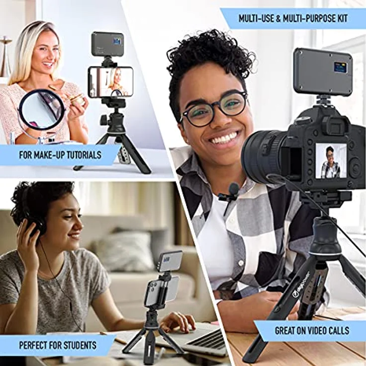 DigiPower Vlogging Kit Instructor mit LED Videoleuchte, Clip-on Lavalier Mikrofon, Handy + Kamera Halterung, Handgriff/Mini-Stativ, für Smartphones + Kameras, für TikTok, YouTube, Streaming, Meetings – Bild 4