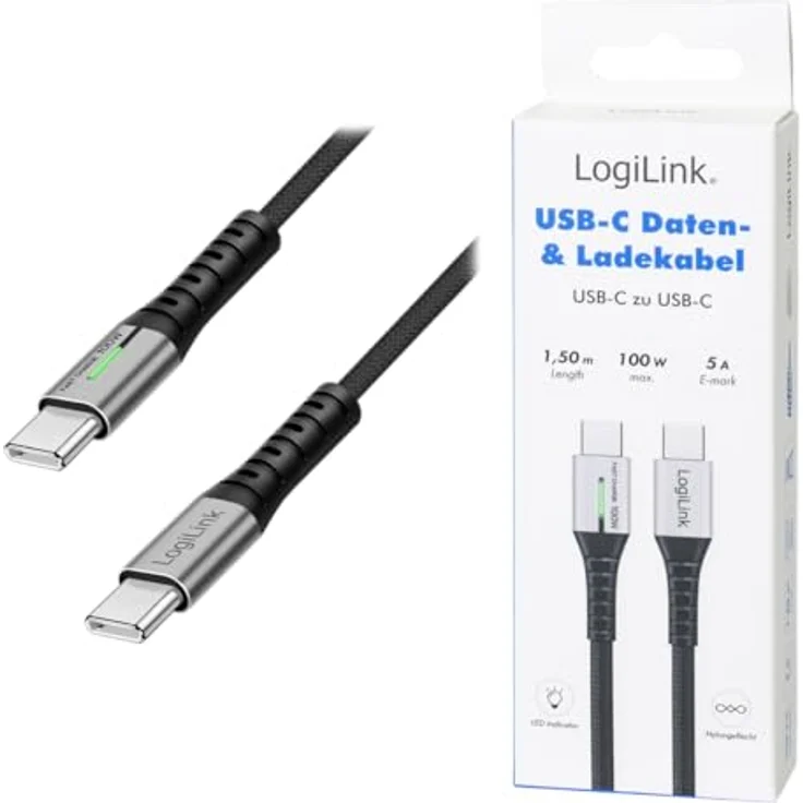 LogiLink CU0423 USB-C Kabel, 1,5m, 100W Power Delivery, Nylon-Geflecht, schwarz – Bild 7