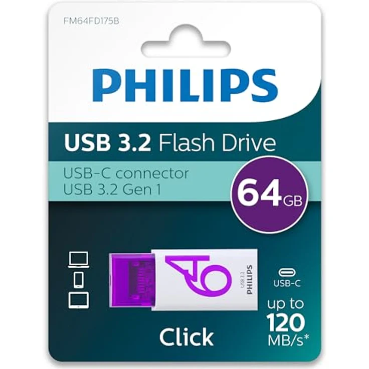Philips Click Edition USB-C Anschluss USB 3.2 Gen 1 USB-Flash-Laufwerk 64 GB für PC, Laptop, Smartphone, Tablet mit USB-C-Anschluss, Lesegeschwindigkeit bis zu 120 MB/s – Bild 2