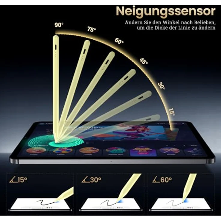 BAZO iPad Stylus Stift für 2018-2025, Pencil 2. Generation mit Schnellladefunktion, Neigungsempfindlichkeit und Palm Rejection, kompatibel mit Pro 13''/12,9''/11'', iPad 6-11/A16/Mini 5/6.Gen/Air 3/4/5 - Gelb – Bild 4