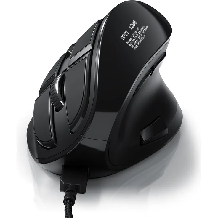 CSL Vertikalmaus, ergonomische kabelgebundene Maus mit OLED-Display, 9 konfigurierbare Tasten, schwarz