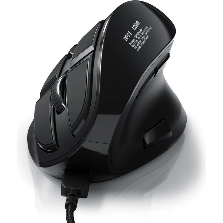 CSL Vertikalmaus, ergonomische kabelgebundene Maus mit OLED-Display, 9 konfigurierbare Tasten, schwarz