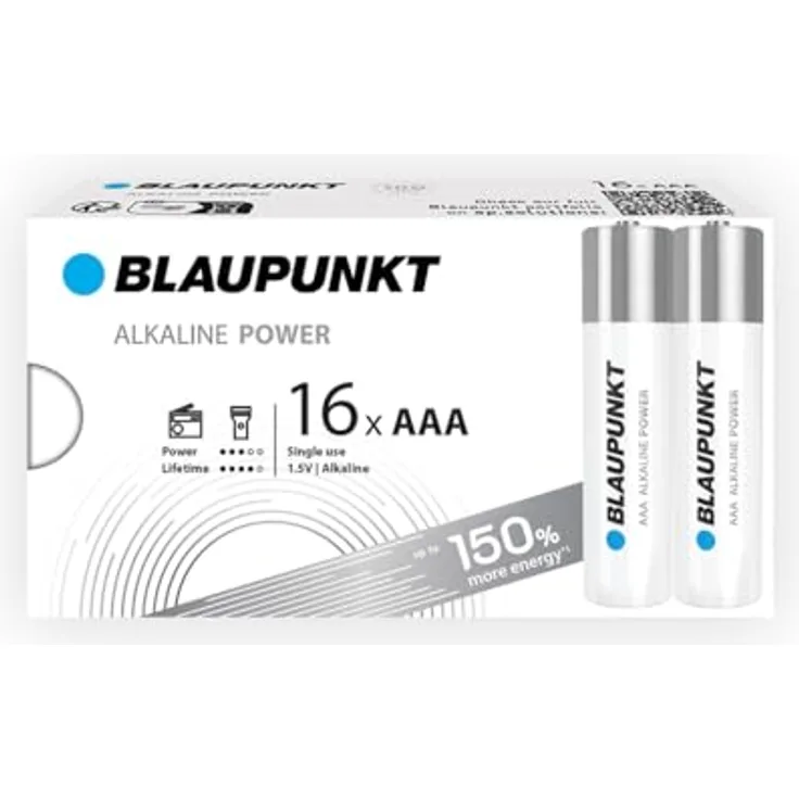BLAUPUNKT AAA Alkalibatterien, Packung mit 16, ideal für Wanduhren und TV-Fernbedienungen, LR03BPO/16CB, 7 Jahre Batteriestromschutz, 100% plastikfreie Verpackung