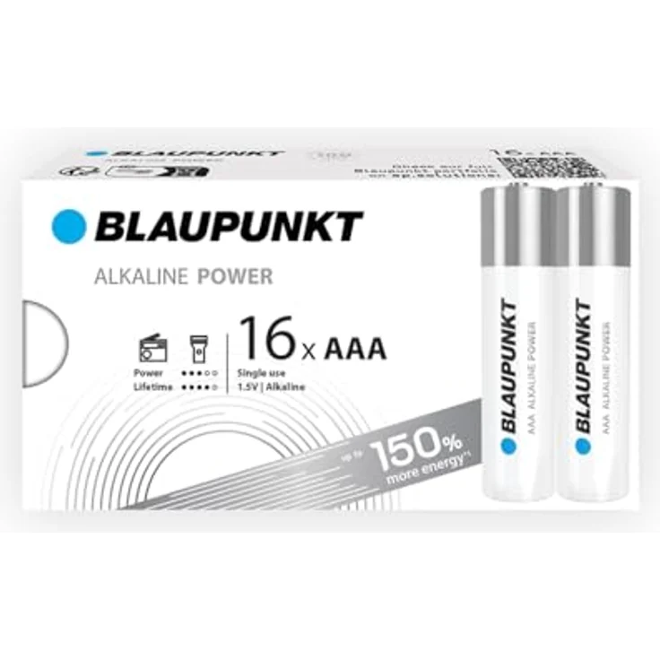BLAUPUNKT AAA Alkalibatterien, Packung mit 16, ideal für Wanduhren und TV-Fernbedienungen, LR03BPO/16CB, 7 Jahre Batteriestromschutz, 100% plastikfreie Verpackung – Bild 1