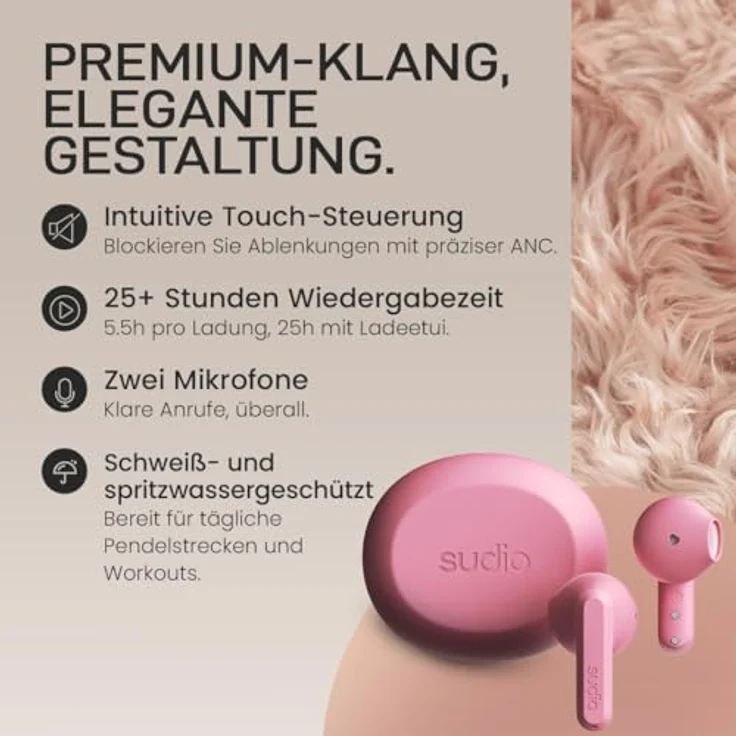 sudio A3, True Wireless Over Ear Kopfhörer mit Bluetooth 5.4, Multipoint Verbindung, schweiß- & spritzwassergeschützt, Touch-Steuerung, 25h Spielzeit, USB-C Ladecase, Rosa – Bild 3