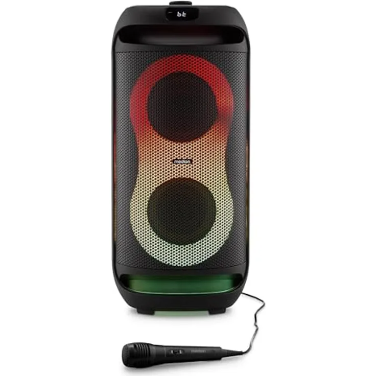 MEDION PE-2 Plus Partybox, tragbarer Bluetooth Lautsprecher mit 2 x 30 Watt RMS, 21,5 Stunden Akkulaufzeit, Mikrofon, Karaoke-Funktion und verschiedene Lichteffekte