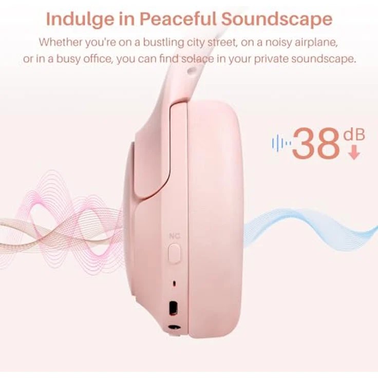 TOZO HT2 Kabelloser Bluetooth Kopfhörer Over-Ear mit Hybrid Active Noise Cancelling, 56 Stdn. Spielzeit, Hi-Res Audio, Kristallklare Anrufe, Tiefer Bass, APP Steuerung - Rosa – Bild 2