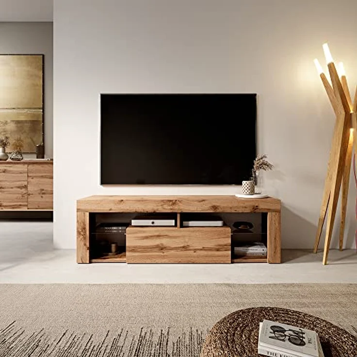 Selsey BIANKO – TV-Lowboard/Fernsehschrank Stehend Holzoptik Eiche Lancaster mit Klapptür 140 cm (ohne LED, Holzoptik Eiche Lancaster) – Bild 2