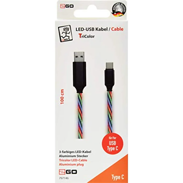 2GO Datenkabel & Ladekabel Tricolor, 100cm LED-beleuchtet, Aluminium Stecker, USB Typ-C für alle Geräte – Bild 2