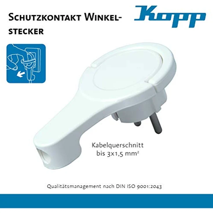 Kopp Schutzkontakt-Winkelstecker 250 V (16 A) mit Klappgriff & Kabel-Knickschutz I Schutzkontakt-Stecker für Strom-Kabel bis 3X 1,5 mm² I Flach-Stecker IP20 für Innenbereich I Arktis-Weiß – 172002037 – Bild 4