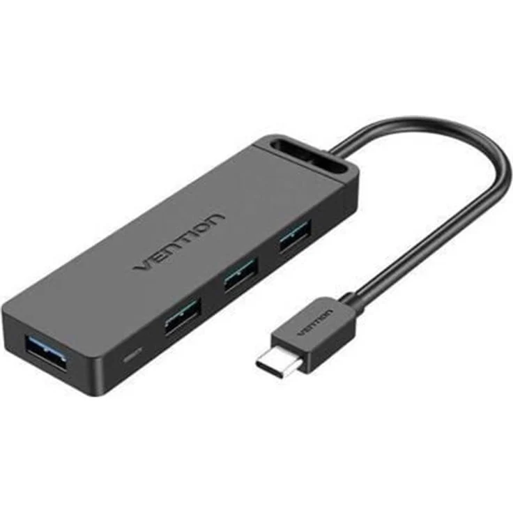 Vention Hub 5-in-1, USB 3.0 mit 4 Ports und USB-C Kabel 0.15m, schwarz, unterstützt gleichzeitiges Laden von 2 Smartphones und 8TB HDD
