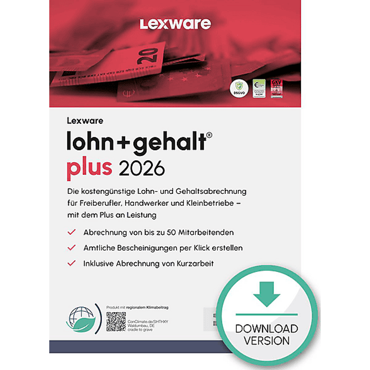 LEXWARE LOHN+GEHALT PLUS 2026, Lohn- und Gehaltsabrechnungssoftware für Unternehmen bis 50 Mitarbeiter, 365-Tage-Lizenz