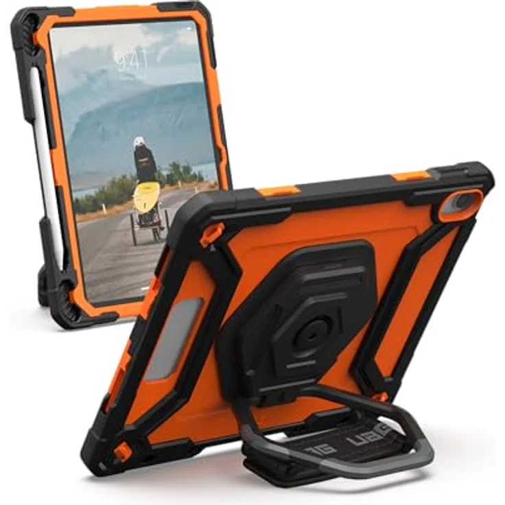URBAN ARMOR GEAR Plasma HK Case Apple iPad 10.9 Hülle (10. Generation 2022) Schwarz/Orange - 360 Grad drehbare Handschlaufe, Displayschutzfolie, Apple Pencil/Logitech Crayon Halter – Bild 1