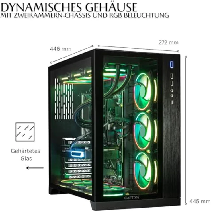 Captiva PC Highend Gaming R89-694 | AMD Ryzen 9 7900X | 64GB DDR5 RAM | NVIDIA GeForce RTX 5070 Ti 16GB | 2 TB SSD | ohne OS, Schwarz – Bild 2