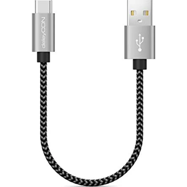 deleyCON 0,15m Nylon USB-C Kabel 15cm Schwarz Kurz Ladekabel mit Metallstecker für Handy & Smartphone – Bild 3