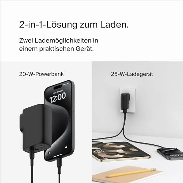 Belkin BoostCharge Hybrid-Ladegerät 25W mit 5000mAh-Powerbank, tragbares 2-in-1-USB Adapter mit USB-C PD3.0 und USB-A-Anschluss, für Reisen, 2-Port-Ladegerät, 5K-Akkupack + 1-m-USB-C/USB-C-Kabel – Bild 2