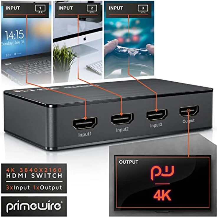 CSL - HDMI 2.0 Verteiler 4k 60Hz - 3 Port Switch mit Fernbedienung - 2.0b Ultra HD 4096x2160 3840x2160 - HDR - 3D Ready - HDCP - 48 Bit Deep Color - automatische Umschaltung - mit Netzteil in Schwarz – Bild 3