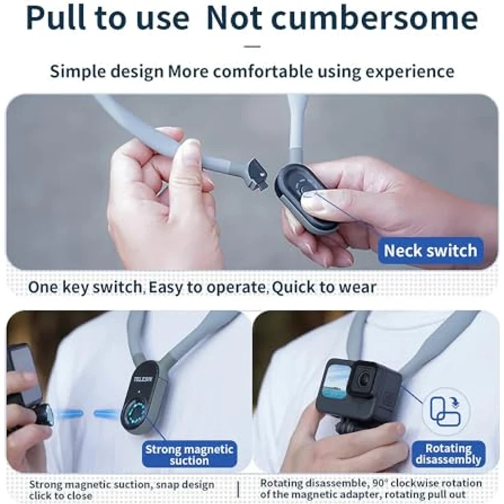 Telesin Magnetische Nackenhalterung für Actionkameras und Smartphones, Grau, ergonomisch, mit Schnellverschluss und hoher Kompatibilität – Bild 4