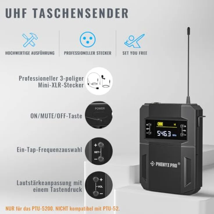 Phenyx Pro PTU-5200B, Drahtloses Mikrofonsystem mit 2 Handmikrofonen, 2 Taschensendern und MUTE-Funktion, UHF, 25 Frequenzgruppen, bis zu 200ft Reichweite – Bild 4