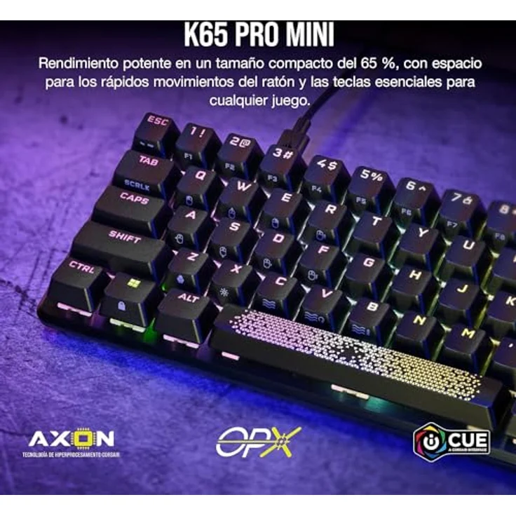 Corsair K65 Pro Mini-RGB-Tastatur, 65 % optisch, mechanisch, kabelgebunden, OPX-Schalter, PBT Double-Shot-Tastaturen, kompatibel mit iCUE, PC, PS5, PS4, Xbox, QWERTY ES, Schwarz – Bild 2