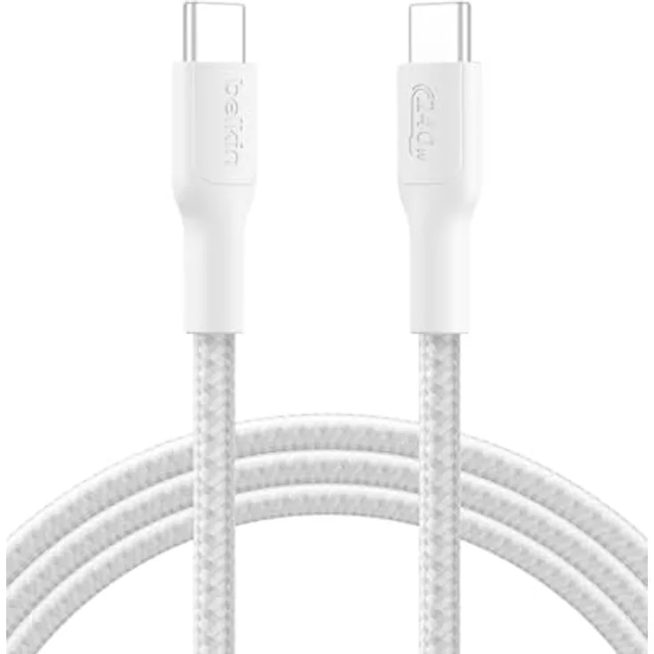 Belkin Eco Geflochtenes USB-C auf USB-C Kabel, 2 m, 240 W, flexibles Schnellladekabel in Weiß für iPhone 16, Galaxy S25, Pixel 9, MacBook, iPad Pro und mehr – USB 2.0