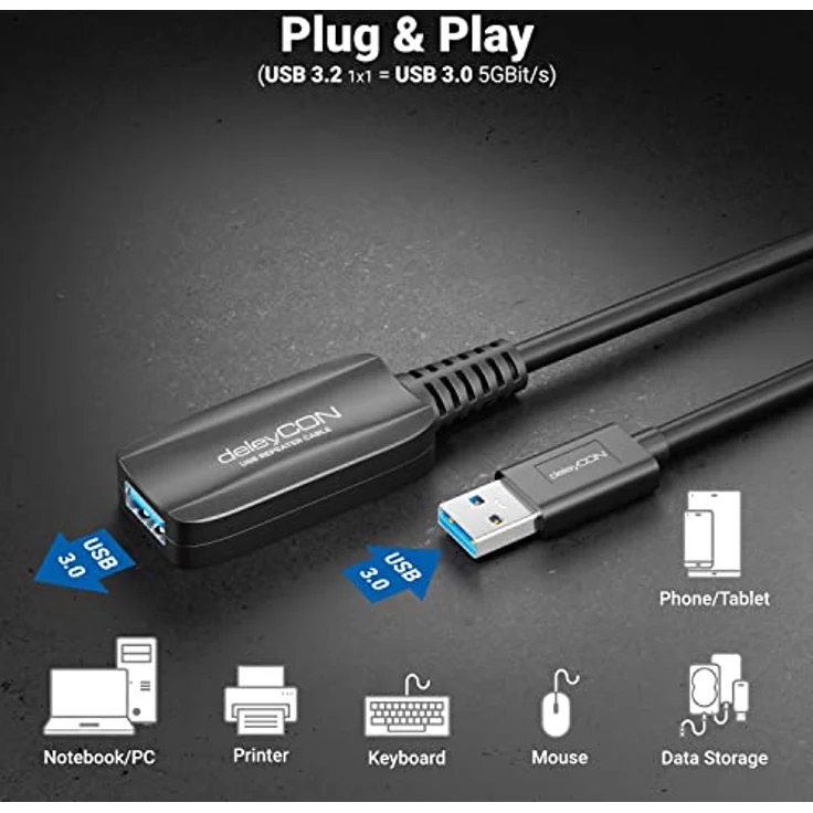 deleyCON Aktives USB 3.2 Gen1 Verlängerungskabel, 5m mit 5 GBit/s und Signalverstärker - USB-A auf A, für PC, Laptop, Drucker und Scanner – Bild 2