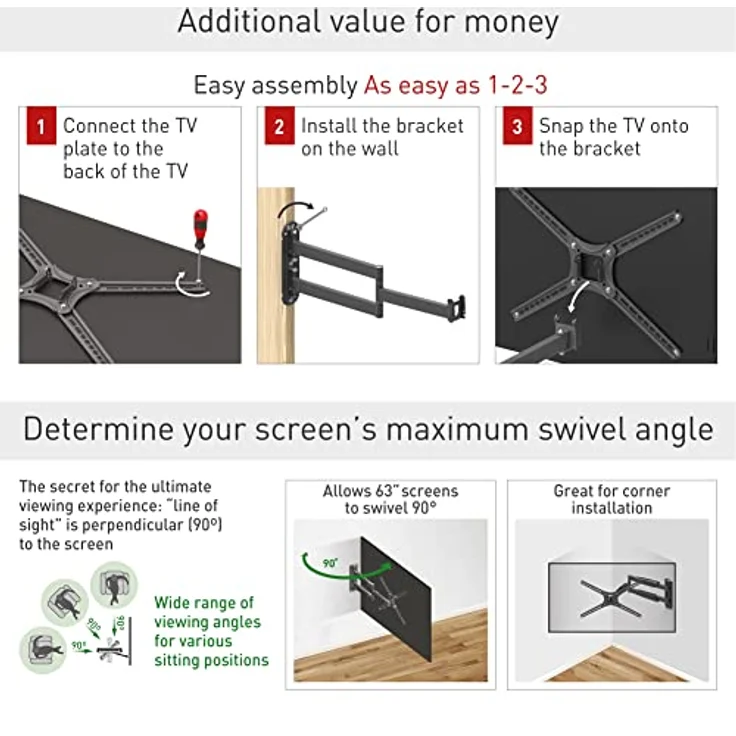 Barkan 76cm Lange TV Wandhalterung, 13-65 Zoll Schwenkbar/Neigbar/Vollbewegung flach & Curved Fernseher TV Halterung, hält bis 36Kg, extra Langer Auszug, für LED OLED LCD, Max. VESA 400x400 – Bild 4