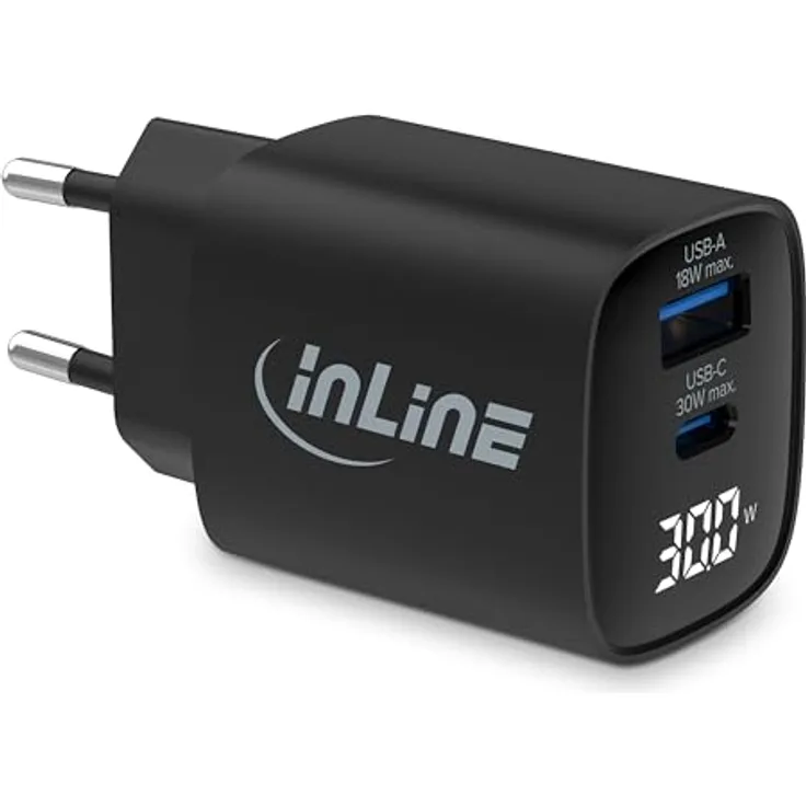 InLine USB-Ladegerät, 2-Port, digitales Display, GaN, 30W, Schnellladegerät, PD3.0, QC3.0, für iPhone/Pro/Mini, Samsung, 31550