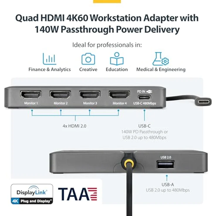 StarTech.com USB-C zu 4-Monitor Workstation Adapter, 4K 60Hz HDMI, 140W PD Passthrough, USB-A für Tastatur und Maus, TAA – Bild 2