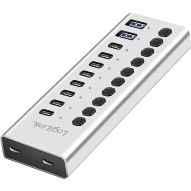 LogiLink UA0448, USB 3.2 Gen1 Hub mit 10-Ports (2x USB-A, 8x USB-C), EIN-/Ausschalter, Aluminium, inkl. 2in1-Kabel und PD 20 W USB-C Ladegerät – Bild 1