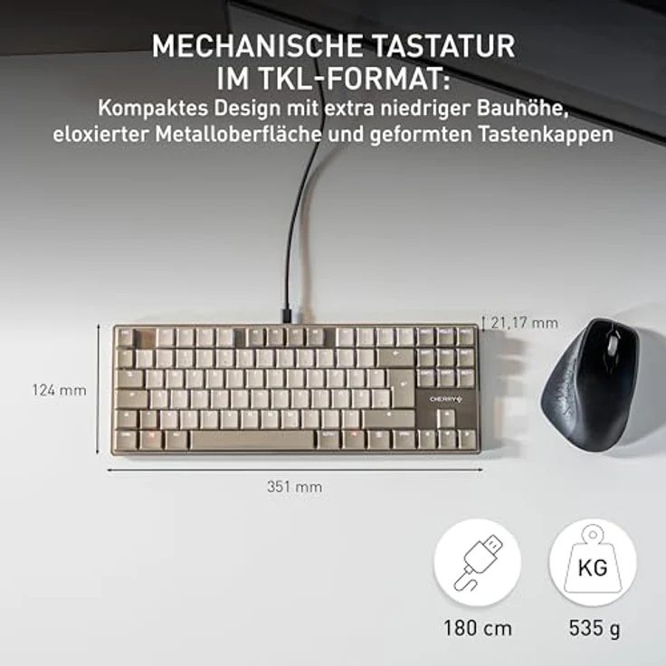 CHERRY KC 500 MX LP TKL, Mechanische Low-Profile-Tastatur ohne Nummernblock, Deutsches Layout (QWERTZ), Kabelgebunden (USB-A), 10-stufige weiße Beleuchtung, Graue PBT-Tastenkappen, MX LP 2.0 Ivory Switches – Bild 2