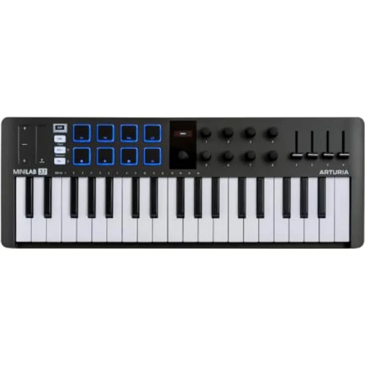 Arturia MiniLab 37 Black, MIDI-Controller mit 37 anschlagdynamischen Slim-Keys, RGB-beleuchteten Pads und USB-C Anschluss