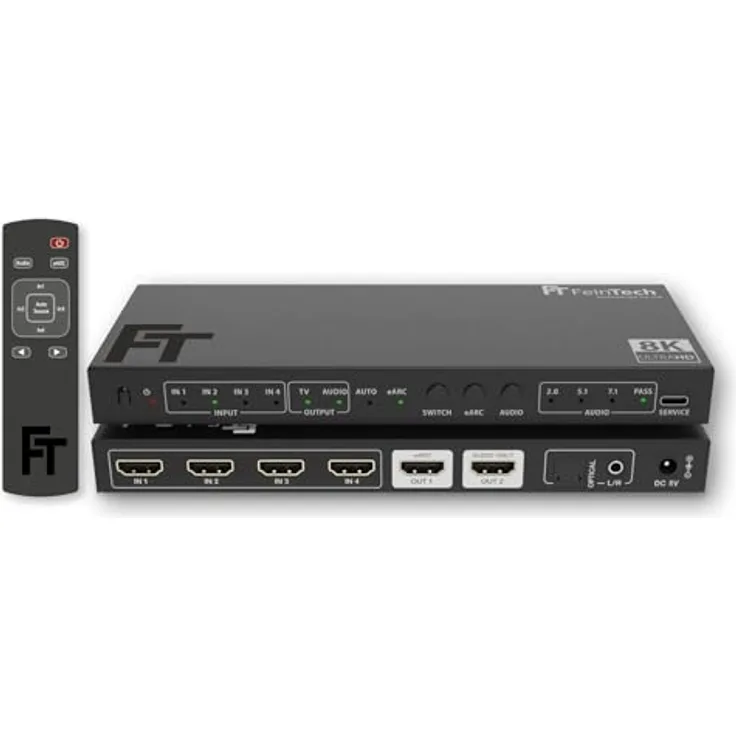 FeinTech SW411 HDMI 2.1 Switch, 4 In 1 Out mit Audio Extractor, unterstützt 4K 120Hz & 8K, optimiert für Soundsysteme