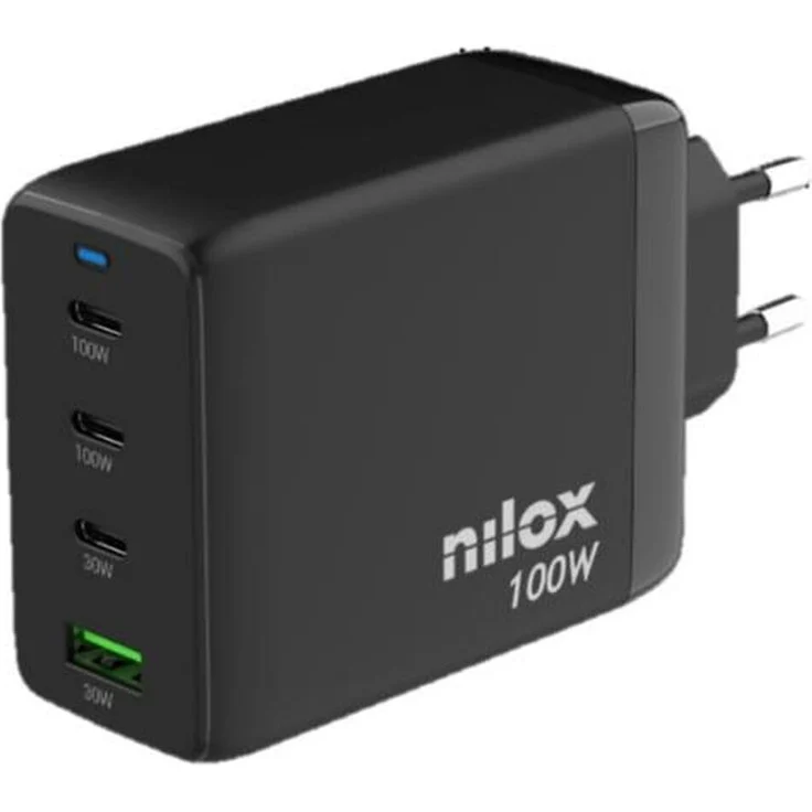 Nilox GAN Universal-Ladegerät NXGANUSBC100, 100W mit 4 Ports und Digitalanzeige, Schwarz