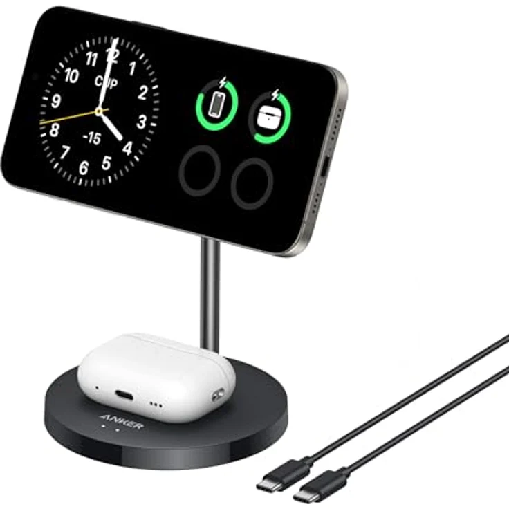 Anker MagGo 15W MagSafe Ladegerät, 2-in-1 Qi2 Induktive Ladestation für iPhone 16/15/14/13/12 und AirPods Pro, mit 1,5m USB-C Kabel, ohne Netzteil – Bild 1
