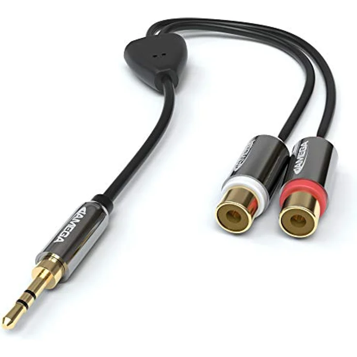 JAMEGA Cinch auf Klinke Adapter, 3.5mm Klinkenstecker auf 2 RCA Cinch Buchsen, vergoldete Kontakte aus Metall, hochwertige OFC Kupfer Innenleiter, kompatibel mit Smartphones, Tablets und Hifi-Anlagen – Bild 2