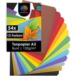 OfficeTree 54 x Tonpapier A3 Bunt - 12 Farben - inkl. 2 Gold- und 2 Silberbögen - Buntes Bastelpapier 130g/m² - Tonkarton zum Basteln und Gestalten