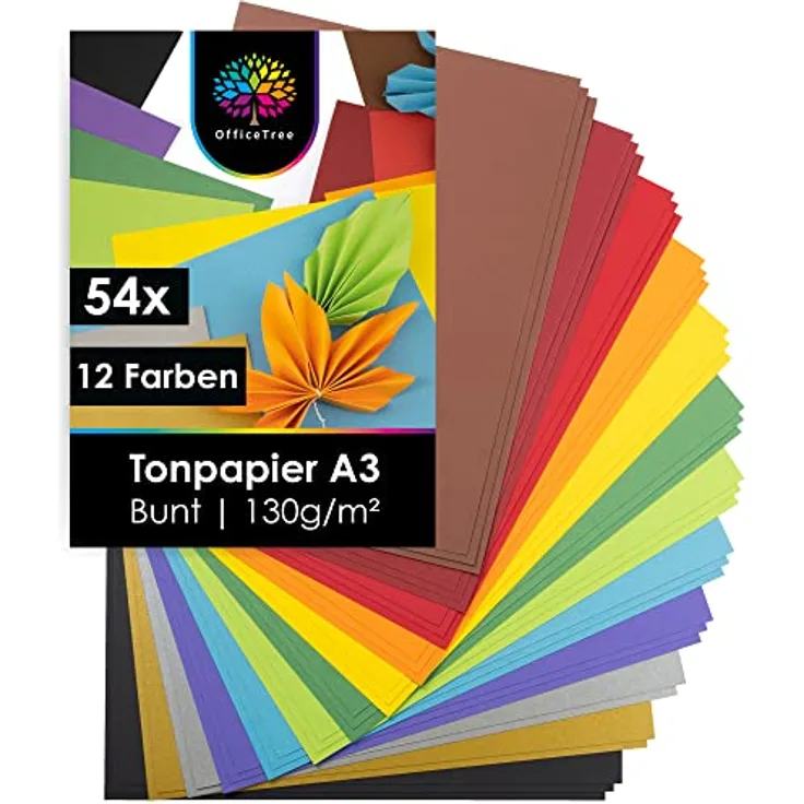OfficeTree 54 x Tonpapier A3 Bunt - 12 Farben - inkl. 2 Gold- und 2 Silberbögen - Buntes Bastelpapier 130g/m² - Tonkarton zum Basteln und Gestalten