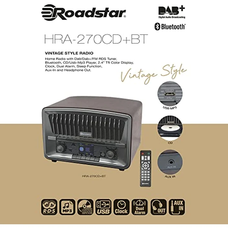 Roadstar HRA-270 CD+ BT, Retro Digitalradio mit DAB+ und Bluetooth, integrierter CD-Player, 20 Radiospeicherplätze, Farbdisplay – Bild 2