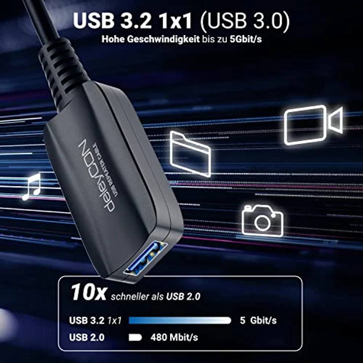 deleyCON Aktives USB 3.2 Gen1 Verlängerungskabel, 5m mit 5 GBit/s und Signalverstärker - USB-A auf A, für PC, Laptop, Drucker und Scanner – Bild 4