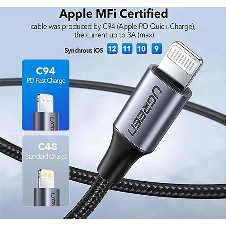 Ugreen USB-C auf Lightning Kabel 1m, MFi-zertifiziert, hochwiederstandsfähig, elegante Silberfarbe, 3A Schnellladung – Bild 3