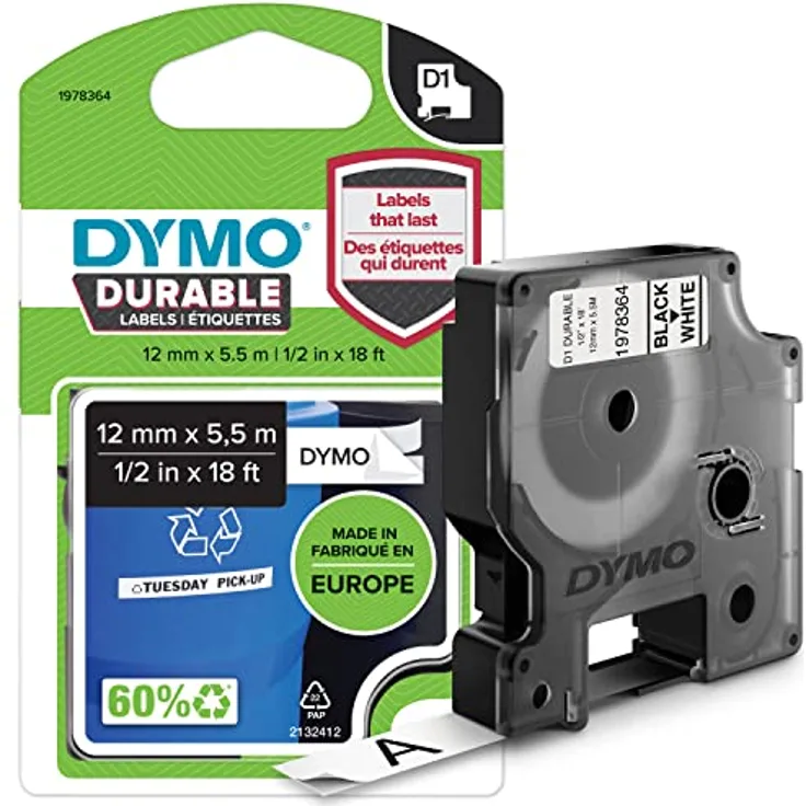 DYMO Original D1 Hochleistungs-Etikettenband | schwarz auf weiß | 12 mm x 5,5 m | permanent haftendes Vinyl- Schriftband | für LabelManager-Beschriftungsgerät