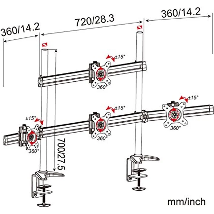 HFTEK 4-Fach-Monitorarm - Tischhalterung für 4 Bildschirme von 15 – 27 Zoll mit VESA 75/100 (MP234C-N), Aluminium, ergonomisch & stabil – Bild 2