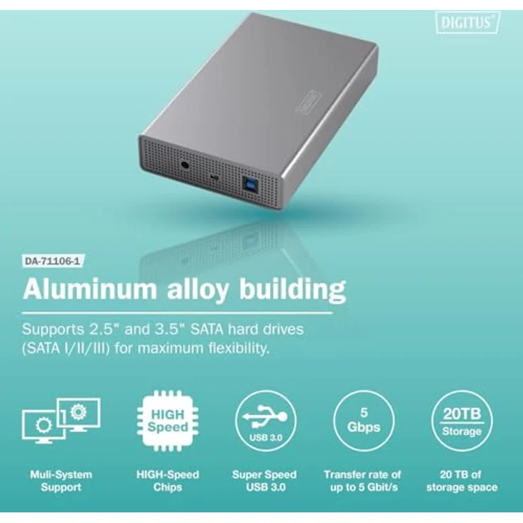 DIGITUS Festplattengehäuse, USB 3.2 Gen1 für 3,5 und 2,5 Zoll SATA-HDD/SSD, Aluminium, bis 16 TB, grau – Bild 5