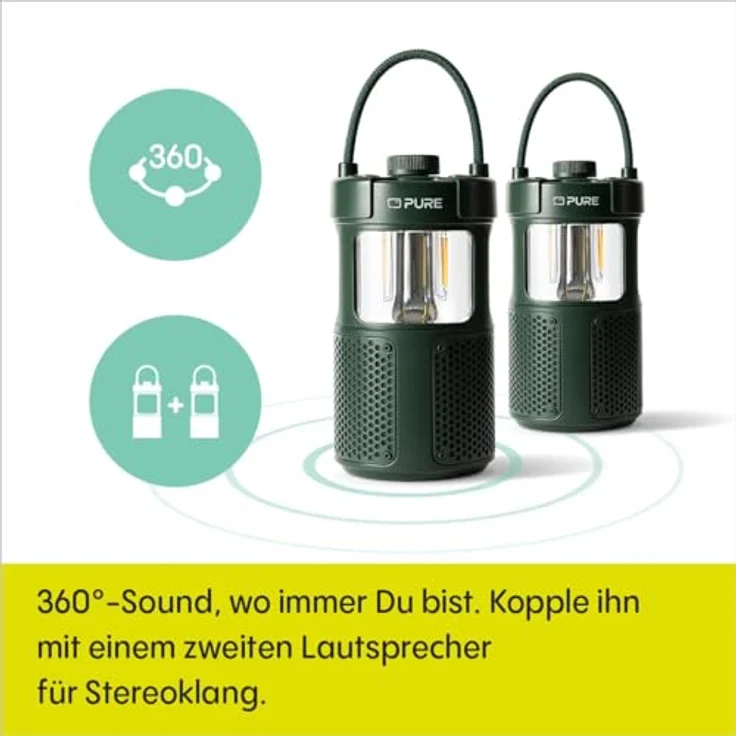 Pure Woodland Glow Outdoor-Lautsprecher mit LED-Lampe (Bluetooth 5.3, 360° Sound, IPX6, tragbar, 14h Akku - perfekt für Garten & Camping) Grün – Bild 5