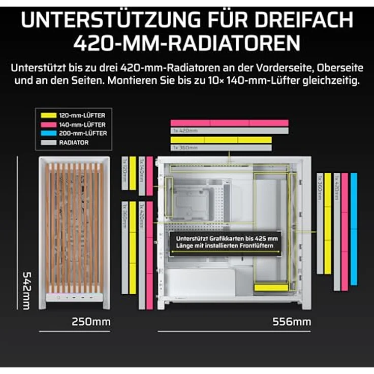 Corsair FRAME 5000D WOOD RS, Gehäuse - Miditower - Weiß, mit Holzfront, unterstützt bis zu 420mm Wasserkühlung, inkl. 2x 200mm Kühler – Bild 7