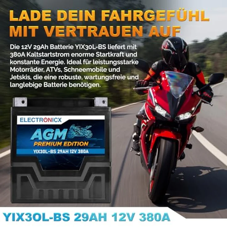 Electronicx AGM-YIX30L-BS, AGM Motorradbatterie 29Ah 12V, wartungsfrei, rüttelfest, auslaufsicher für Motorrad, Roller, Quad und ATV – Bild 2